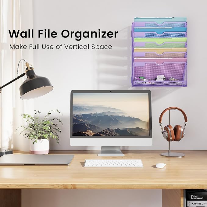 Hanging Wall File Organizer, 6-Tier Purple Desk Organizer with Metal Mesh, Foldable Document Organizer for Office Desk, Wall Mount Magazine Rack for Mail/Books/Tablet