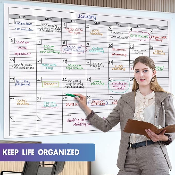 Dry Erase Monthly Extra Large White Board Calendar for Wall, 38" by 50", Jumbo Laminated Erasable One Month Whiteboard Calendar, Huge Oversized Blank 30-Day Poster with Lines and Squares