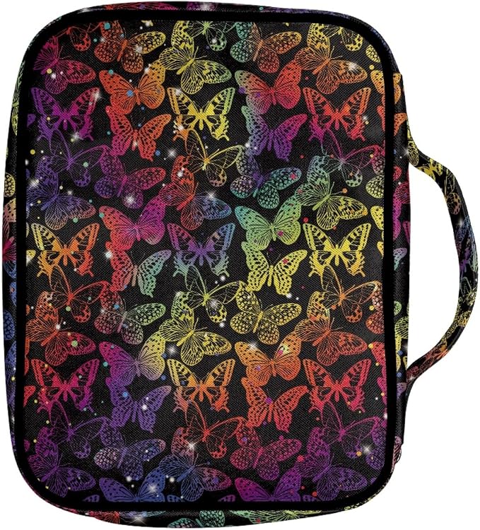 Coldinair Rainbow Glitter Butterflies Print Bible Cover Bag for Women Teens Kids Girls,Butterfly Carrying Book Case Church Bag Bible Protective with Handle and Zippered Pocket