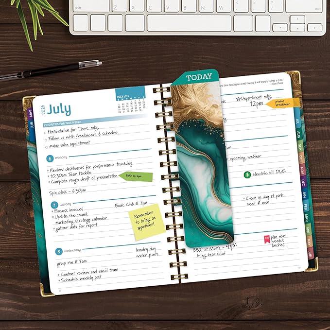 HARDCOVER Academic Year 2026-2027 Planner: 14 Months (May 2026 Through June 2027) 5.5"x 8" Daily Weekly Monthly Planner Yearly Agenda. Bookmark, Pocket Folder and Sticky Note Set (Teal Gold Marble)