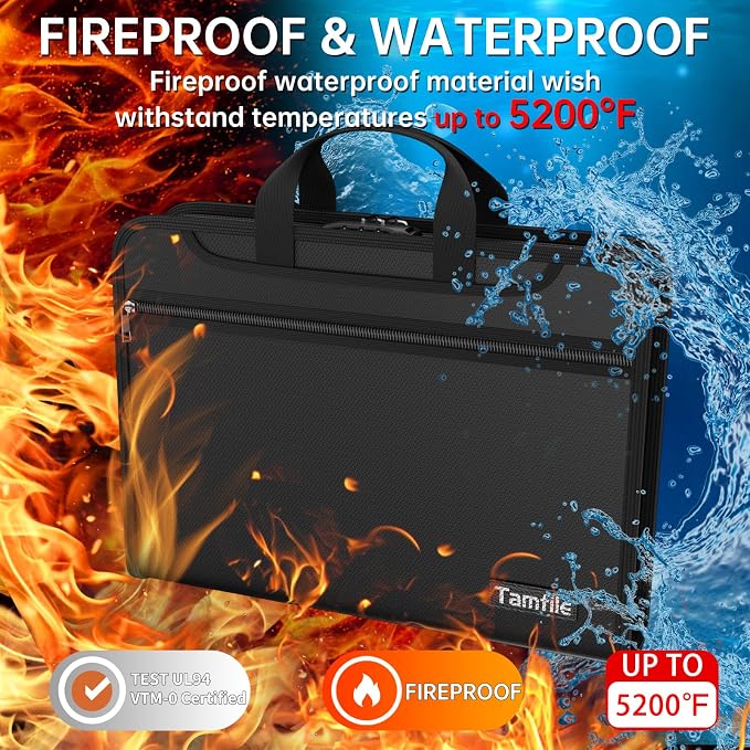 Fireproof Accordion File Organizer with Lock, 5200℉ Document Organizer | Thickened, 13 Clear Pocket, with Zipper & Labels, Important Document Organizer, Expanding File Folder, with Handle, Black