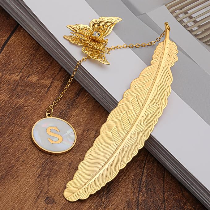Personalized Initial Metal Butterfly Feather Bookmark for Women Girls Readers Book Lover Birthday Gifts for Women Her Teacher Girlfriend Wife Mom Sister Friend Daughter (Letter T)