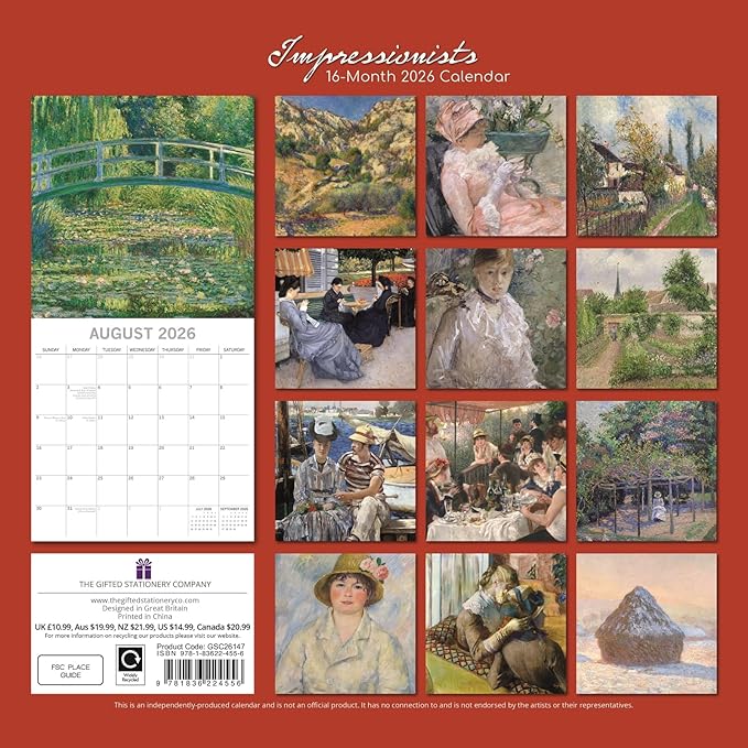 The Gifted Stationery 2026 Square Wall Calendar, Impressionists, 16-Month Arts & Antiques Theme Hanging Calendar with 180 Reminder Stickers, Month Planner for Home and Creative Spaces, 12x12 In