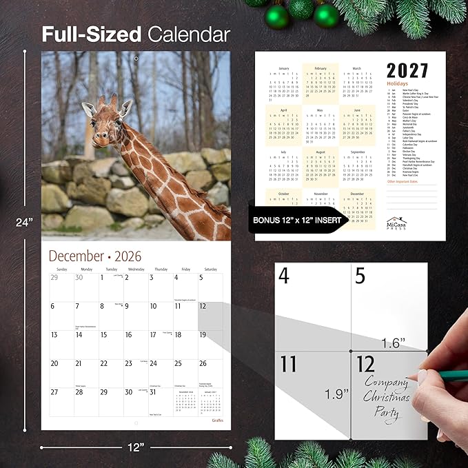 MICASA PRESS Giraffes 2026 Wall Calendar 12 Month | 12” x 24” Open | Thick & Sturdy Paper | Giftable | Animal Calendar 2026