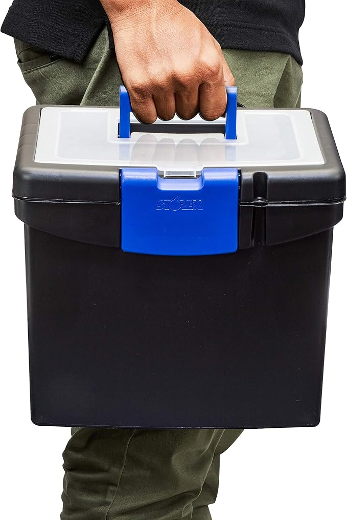 Storex Portable File Box with Organizer Lid – Plastic Office File Storage Box for Letter Paper and Hanging Folders, Black/Blue, 1-Count (61415B03C)