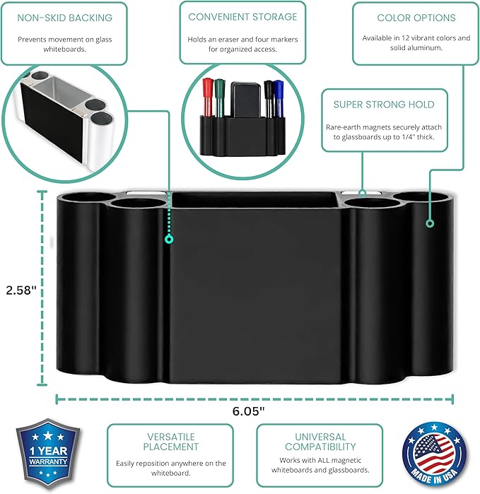 Glassboard Studio Magnetic Dry Erase Marker Holder - Super Strong for Magnetic Glass Whiteboard or Fridge - 2 Large Neodymium Magnets - No Slip Grip - Eco-Friendly PLA Plastic (Jet Black)