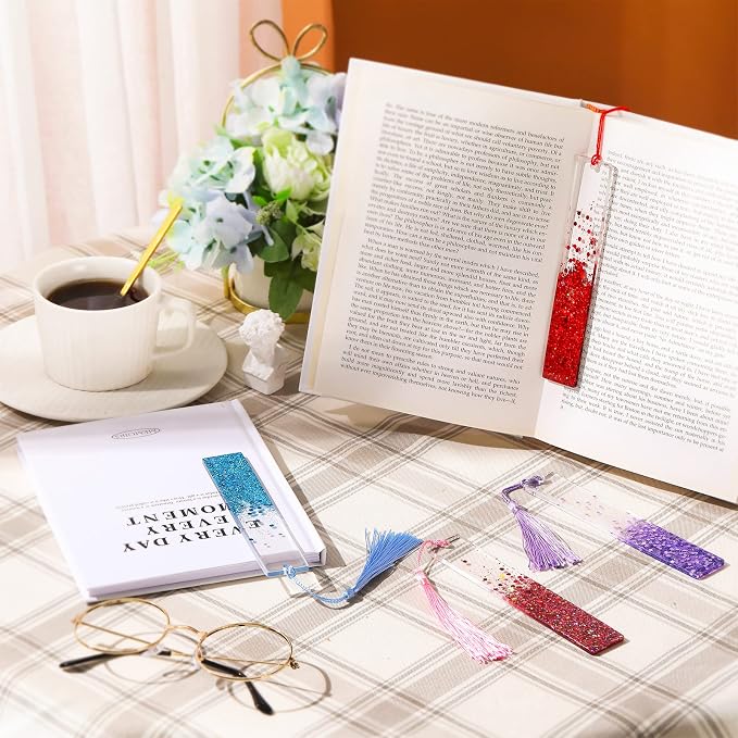 4 Pieces Glittering Dried Flowers Resin Bookmarks Handmade Transparent Page Marker with Tassel for Adults Students School, Office, Home Supplies, Graduation Gifts(Glittering Style)