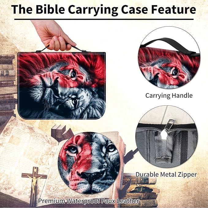 Bible Cover for Men Women,Large Leather Bible Case Fit Book Up to 11x8x2 Inch,Red Black Lion Bible Covers Bible Study Carrier Church Bags w/Handle & Zipper