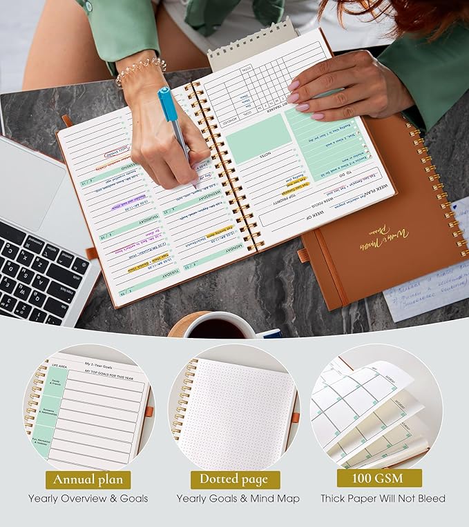 Undated Weekly and Monthly Planner, B5 Large Weekly To Do List Notebook with Goal & Habit Tracker Organizer, Hardcover Spiral Bound Blank Monthly Planner for Work School Home 7.4" x 9.64" Brown