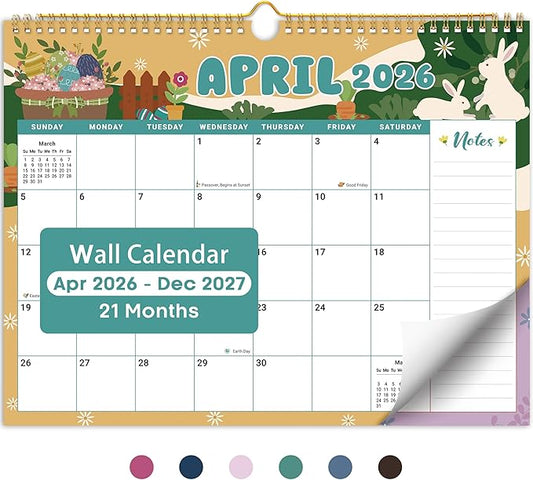 Calendar 2026-2027, Monthly Wall Calendar from April 2026 to December 2027, 11.5" x 14.7", Spiral Binding Hanging Wall Calendar, Perfect for Home or Office,Watercolor Festival