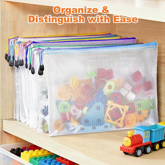 Mesh Zipper Pouch Bags: Clear Zipper Pouches for Classroom, Plastic Mesh Bag for Board Game Puzzles Storage, A3 Waterproof Organizing Pouch for School and Office Supplies (17 x 12Inch, 6PCS, 6 Color)