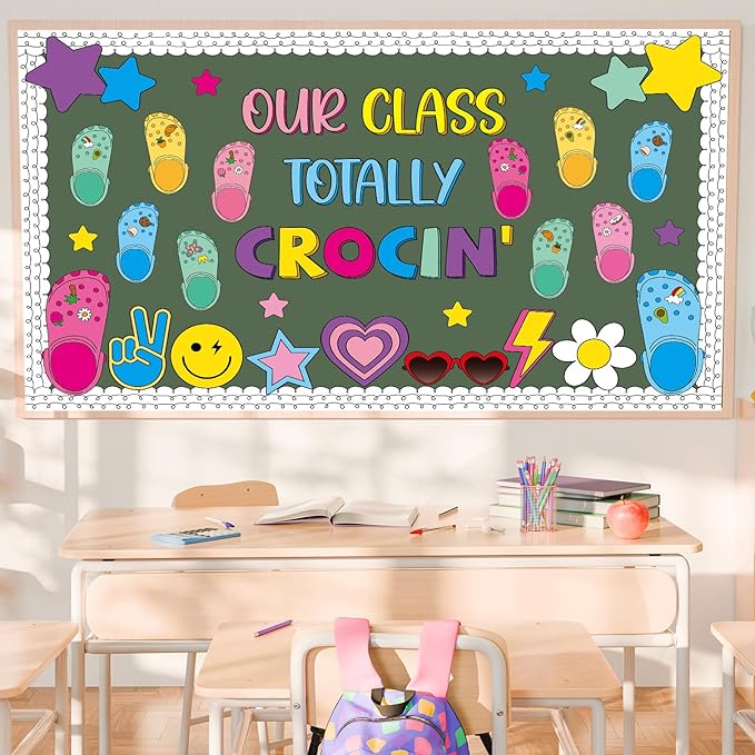Summer Bulletin Board Decoration Summer Classroom Bulletin Board Set Our Class Totally Crocin' Retro Colorful Shoe Charms Paper Cutouts for Back to School Supplies Classroom Chalkboard Wall Door Decor