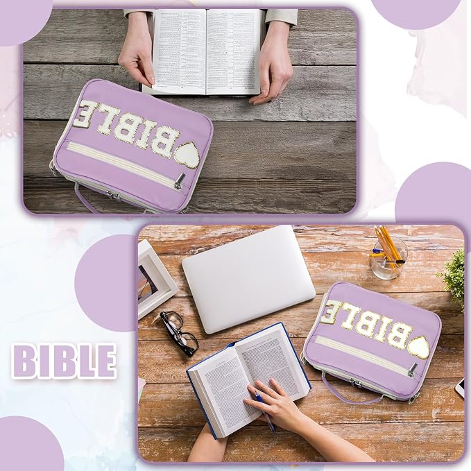 Silkfly Purple Bible Cover Case Preppy Large Chenille Letter Church Bag with Shoulder Strap Handle Back to School Gifts Waterproof Christian Tote Bag for Women Teacher Bible Accessories