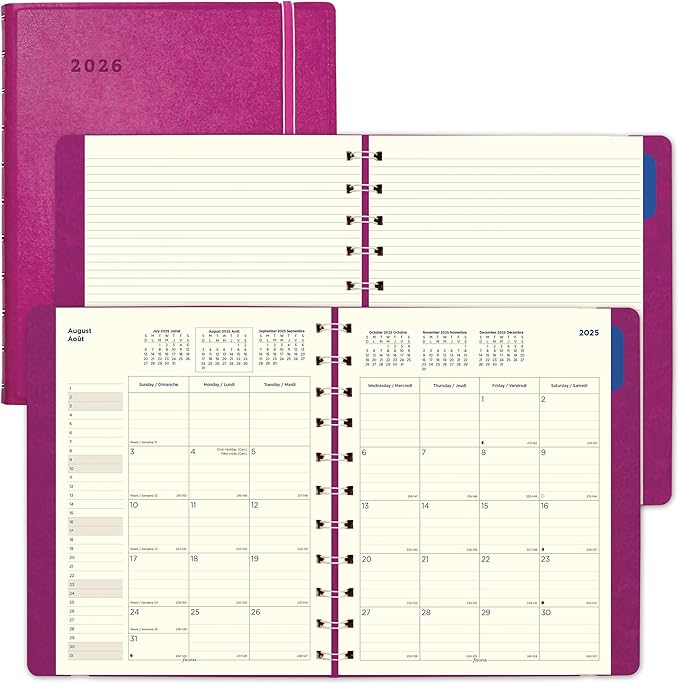 Filofax® 2026 Monthly Planner, 17 Months, August 2025 to December 2026, Twin-Wire Binding, Bilingual, 10.875" x 8.5", Fuchsia (C1811003-26)