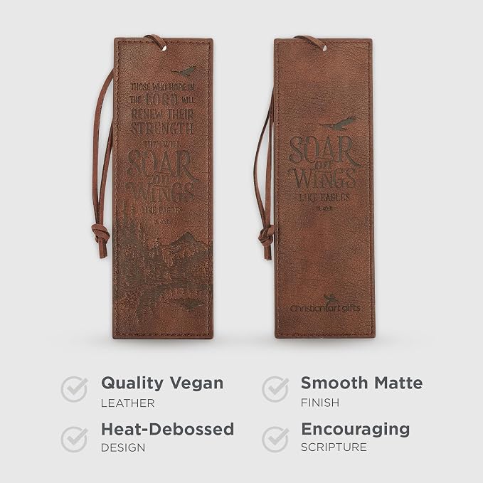 Christian Art Gifts Premium Vegan Faux Leather Scripture Bookmark for Men: Soar On Wings - Isaiah 40:31 Inspirational Bible Verse, Heat-Debossed, Faith-Based Reading Book Accessory with Cord, Brown