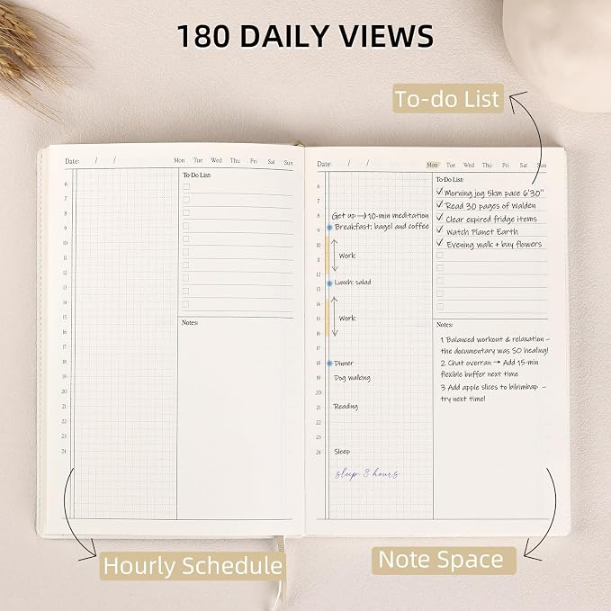 2026 Daily Planner - Undated Monthly & Daily Planner for 180 days Planning Your Success - Hourly Schedule, To Do List, and Notes for Productivity - Aesthetic, Academic, Stylish School or Office Supplies (White)