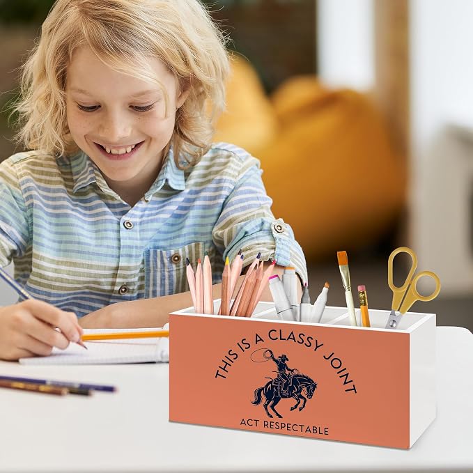 Funny Western Cowboy Pen Holder, Western Office Pen Pencil Holder Organizer for Desk Accessories, Cowboy Gifts, Southwestern Wooden Box Desk Decor for Home Office Desk Decorations