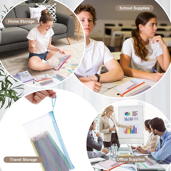 Kisston 150 Pcs Mesh Zipper Pouch Bags Bulk, 8 Sizes Plastic Zipper Bags, 8 Colors Waterproof File Pouches for Organization, Multipurpose Travel Pouches for Travel, Office, Board Game