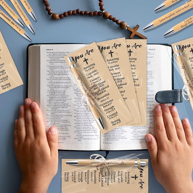 Haooryx Christian Bible Pen Bookmark - 30-Piece Christian Bible Verse Bamboo Inspirational Pens Bookmark Set You are Amazing Scripture Biblical Bookmark Church Multi-Item Party Favor Packs Gifts Bulk