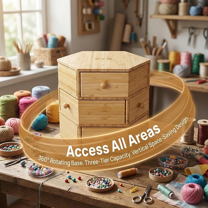 360° Rotatable Bamboo Desktop Organizer, Large Capacity Cosmetic & Jewelry Storage for Makeup Serum, Diamond, Easy Setup No Assembly (3-Tier 9-Drawers)