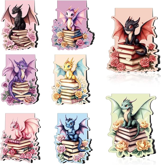 Wxiben Flower Dragon Magnetic Bookmark - 8 Pcs Dragon with Wings Bookmarks Magnetic Floral Animal Magnets Book Marks Page Clip Gift for Women Men Book Lovers Students Teacher Reading School Supplies