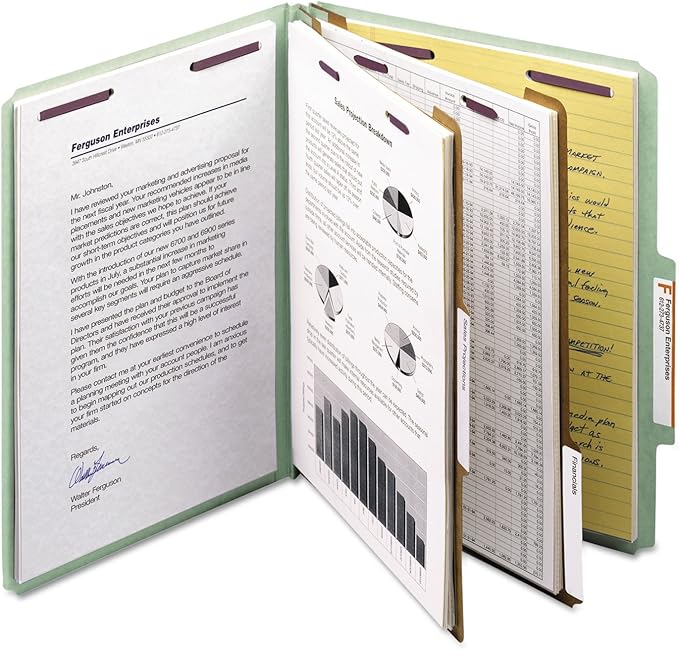 Smead Pressboard Classification File Folder with SafeSHIELD Fasteners, 2 Dividers, 2" Expansion, Letter Size, Gray/Green, 10 per Box (14076)