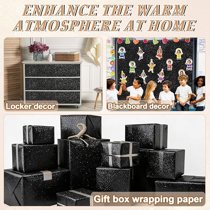 Glitter Bulletin Board Paper Roll Sparkle Wrapping Paper Bulletin Board Decor Glitter Poster Gift Wrapping DIY Art Crafts Wallpaper Background for Home Office Classroom Decor 17" x 20ft, Black