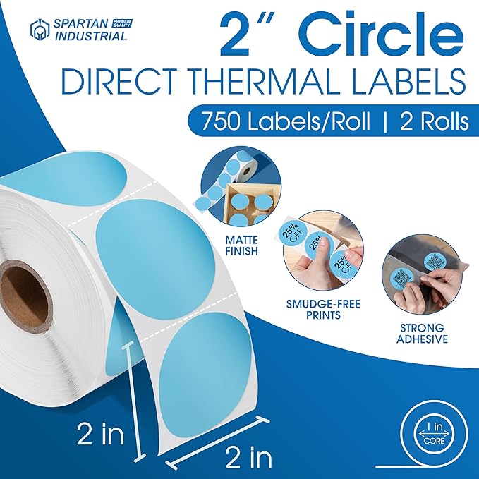 Spartan Industrial - 2" Circle Blue Direct Thermal Labels (1500 Count, 2 Rolls) - 2 Inch Color Thermal Labels for Logos, Packaging, Branding - Compatible with Zebra and Rollo Printers