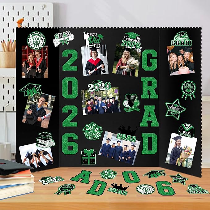 4 Set Graduation Photo Display Board, Class of 2026 Black Green Trifold Poster Board with Grad Pattern Stickers, Graduation Photo Props Collage for Multiple Pictures Party Decorations, 16x24 Inch