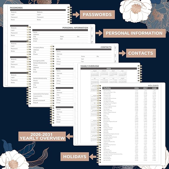 2026-2031 Monthly Planner/Calendar - 5 Year Monthly Planner, July 2026 - June 2031, 9" x 11", 5 Year Calendar 2026-2031 Monthly Planners with Tabs, Notes Pages - Engraved Floral