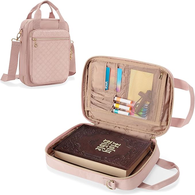 Teamoy Bible Cover Case for Women Men, Bible Book Cover Church Bag Carrying Case with Shoulder Strap, Pink Quilted