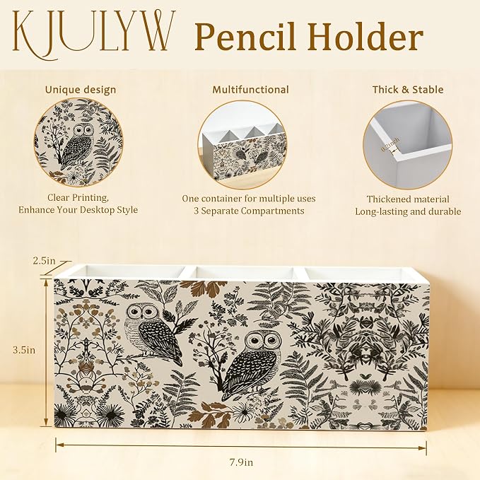 Owl Pen Holder for Desk, Owl Lover Gifts, Neutral Botanical Wildlife Bird Wooden Box Pencil Pen Holder Organizer for Home Office Desk Accessories