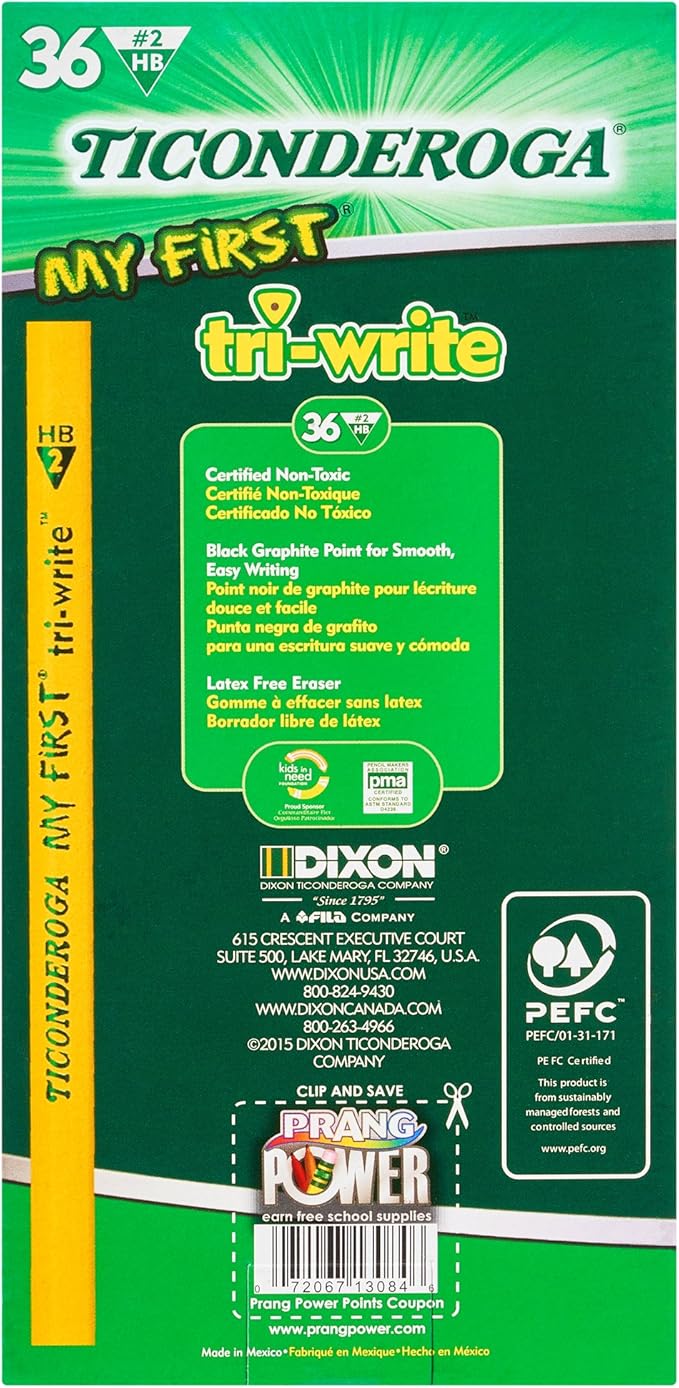 Ticonderoga My First Tri-Write Pencils without Eraser, Primary Size Wood-Cased #2 HB Soft, Yellow (13084) (Pack of 6, 216 Count Total)