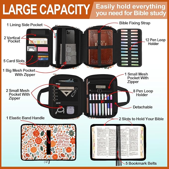 Autumn Flower Bible Cover Case for Women, Boho Cute Large Church Bible Bag Books Carrying Case with Shoulder Strap and Handle Zipper Pocket, Bible Study Supplies Journaling Kit Christian Gifts