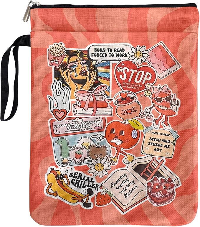 Y2K Style Book Sleeve for Book Lovers, Emotional Support Stickers Bookcover Protector for Paperbacks with Handle Pocket for Reader Bookish, Book Club Gifts for Chritsmas, Reading Accessories for Women