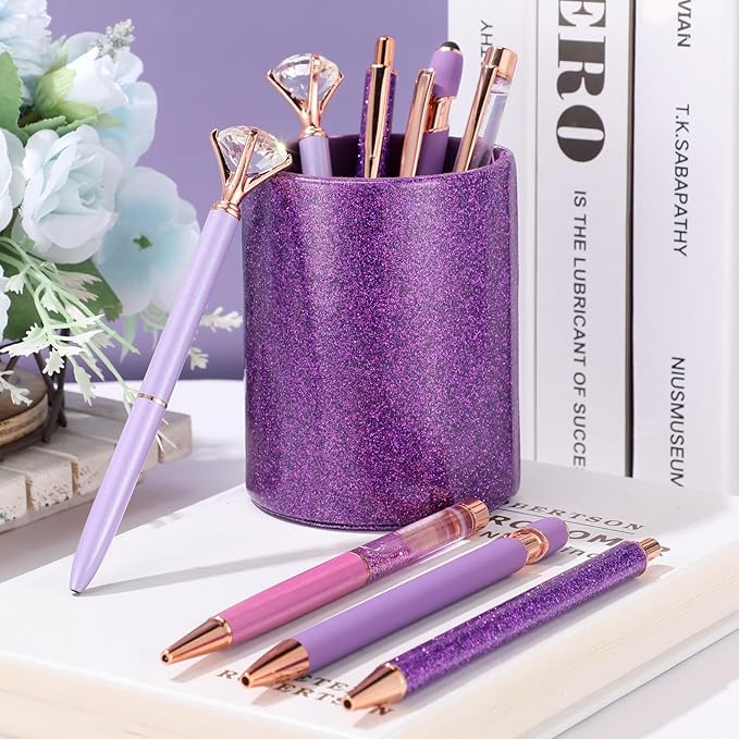 Sabary 8 Pcs Purple Pens with Pen Holder for Desk Glitter Crystal Diamond Cute Ballpoint Fancy Pencil Holder Bling Desk Organizer for Women Girls School Office Supplies Wedding Graduation Gifts