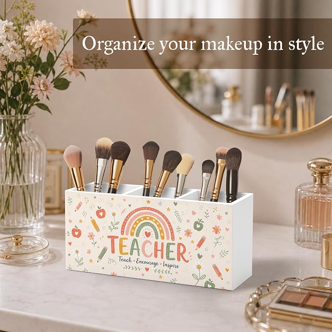 Teacher Gifts Pen Pencil Holder for Desk, Teachers Appreciation Gifts, Boho Rainbow Teach Encourage Inspire Wooden Pencil Holder Organizer Desk Accessories Decor for Home Office Desk Tabletop