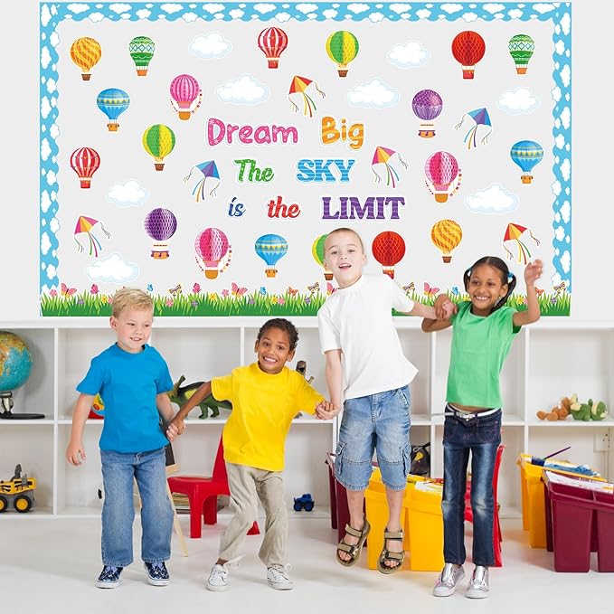 Pajean 66 Pcs Dream Big the Sky is the Limit Bulletin Board Sets Hot Air Balloon Cloud Borders 3D Honeycombs First Day of School Classroom Bulletin Board Decorations
