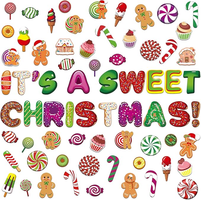Marspark 68 Pcs Candy Land Cutouts Christmas Bulletin Border Decoration Peppermint Lollipop Round Gingerbread Man Wall Cutouts It's a Sweet Christmas Decor for Classroom Holiday