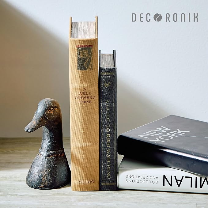 Decorative Distressed Cast Metal Duck Head Bookends - Heavy Duty Book Stopper for Shelves, Cute Novelty Book Holder - Rustic Vintage Home Office Organizer Set of 2