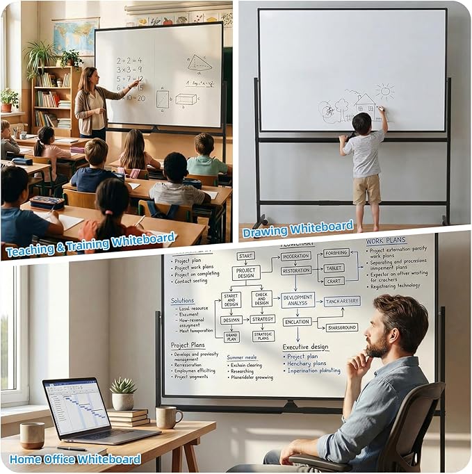 VOWNER Double-Sided Magnetic Whiteboard, 60" x 48" Mobile Dry Erase Board, Reversible Rolling White Board with Aluminum Frame & Stand, for Home Office, Classroom, School, Black