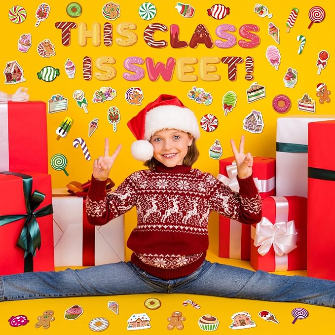 Marspark 68 Pcs Christmas Classroom Bulletin Border Decoration Candy Land Decoration Christmas Cutouts Peppermint Gingerbread Man Donut Ice Cream Cutouts for Classroom Door Wall Windows Decor
