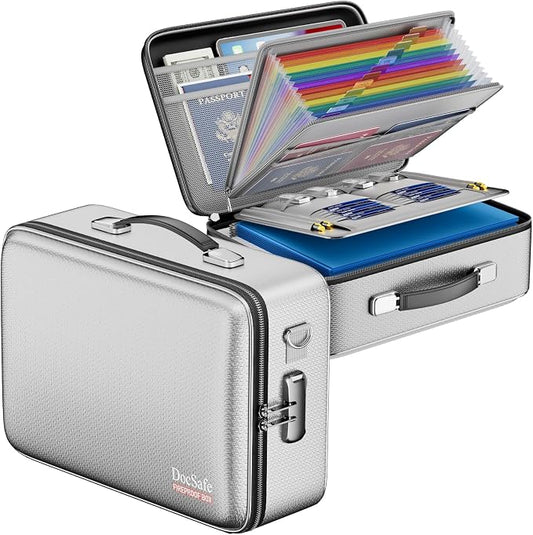 DocSafe Fireproof Document Box with Lock, Hard Case File Organizer with Accordion File Folder, Fireproof Water Resistant Safe Box Home Office Travel Storage for Important Documents Laptop Silver