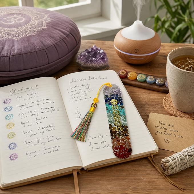 Fantasy Vintage Bookmark Gifts - 7 Chakra Stones Healing Crystals Resin Bookmarks for Women Men Book Lovers Beaded Tassels Page Marks Reading Accessories Bookish Birthday Graduation Gift