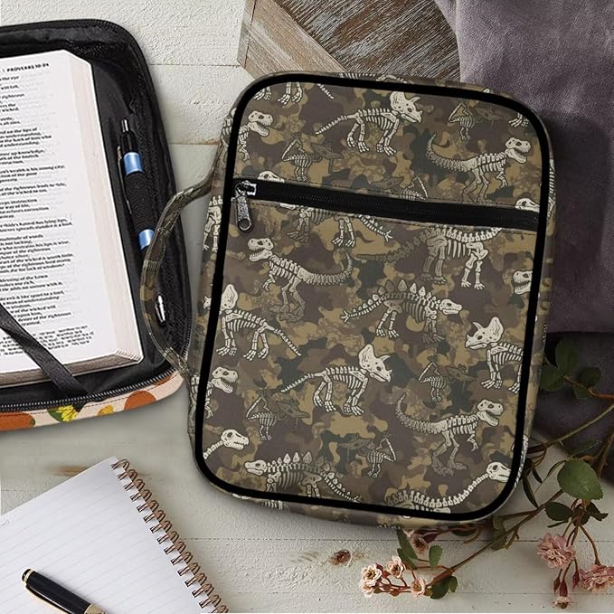 Coldinair Camouflage Dinosaur Bible Covers for Women Bible Case with Bookmark Large Carrying Book Case Church Bag Protective with Pocket and Zipper