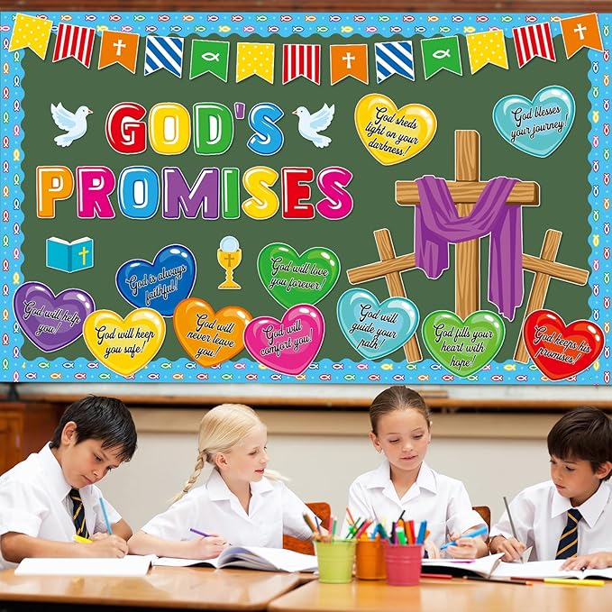gisgfim Christian Bulletin Board Decorations Set Religious God’s Promises Paper Cutouts Colorful Heart Bible Bulletin Board Decor for Classroom Christmas Sunday School Chalkboard Wall
