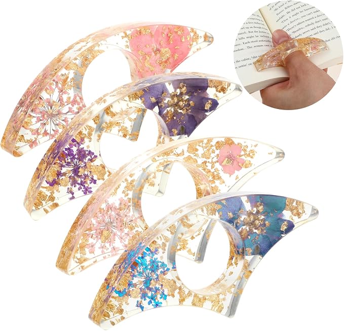 YUXIANLB Book Page Holder for Reading, 4 PCS Dried Flower Resin Transparent Bookmark, Thumb Book Page Holder Reading Accessories for Reading Lovers, Gifts for Bookworm, Literary, Students and Teachers