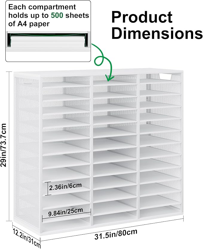 TQVAI 36 Compartments Desktop Literature Organizer, Metal Frame Paper Sorter with Handles, Heavy Duty Mailbox for Classroom and Office, Desk File Organizer for Document, Bill, Magazine, White