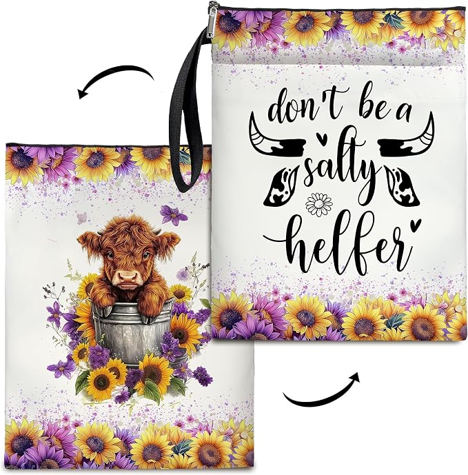 Vintage Floral Highland Cow Book Cover, Waterproof Book Sleeve with Zippered Front Pocket Retro Flowers Book Pouch for Book Lovers, Christmas, Birthday, Graduation Gifts (Brown highland cattle, Large)