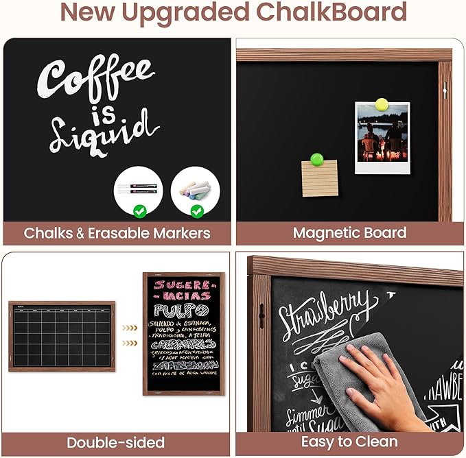 2-in-1 Double-Sided Magnetic Chalkboard 24"x16", Chalk Calendar Board & Large Blackboard for Kitchen & Home Decor, Schedule, Menu, Back-to-School Gift - Hanging Chalk Board with 2 Liquid Pens, Brown